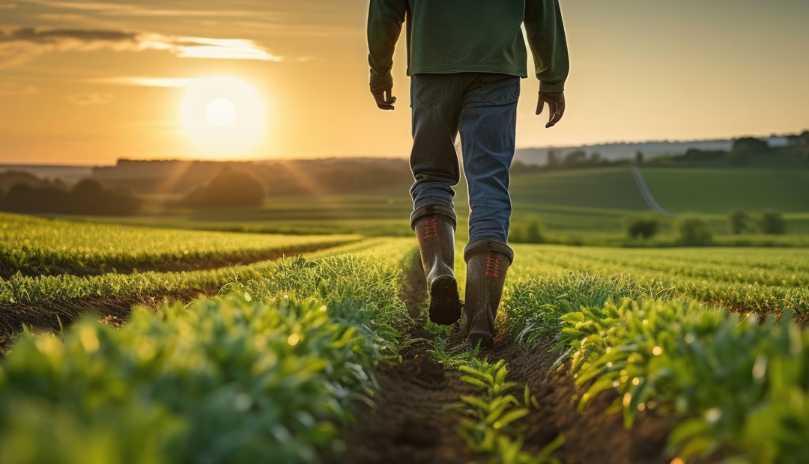 Eine Person mit Gummistiefeln geht in der Abenddämmerung durch ein weitläufiges Feld mit jungen, grünen Pflanzen. Die Sonne steht tief am Horizont und taucht die Landschaft in warmes Licht. Im Vordergrund sind die Pflanzenreihen deutlich zu erkennen, während im Hintergrund Felder und ein weiter Himmel sichtbar sind.