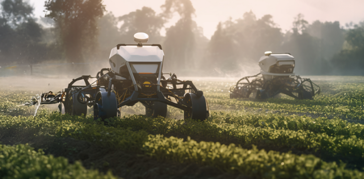Feldrobotor auf einem Feld im Nebel