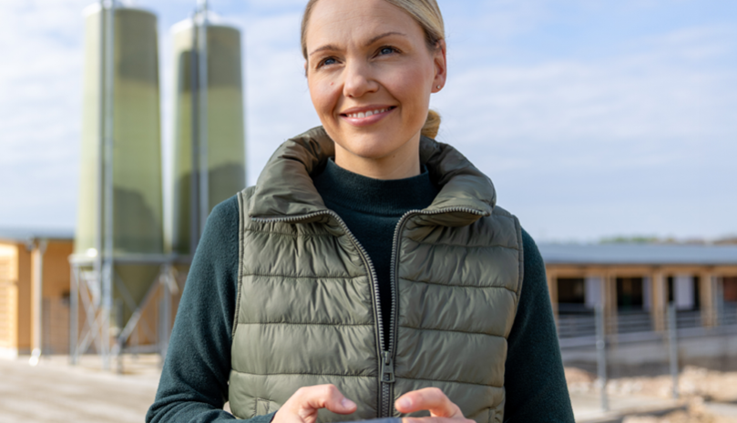 Eine Frau mit blonden Haaren steht im Vordergrund und trägt eine grüne Steppweste über einem dunkelgrünen Pullover. Im Hintergrund sind moderne Stallgebäude mit mehreren hohen, zylindrischen Silos zu sehen. Die Szene spielt im Freien bei Tageslicht, der Himmel ist klar und das Gelände wirkt weitläufig und gepflegt.